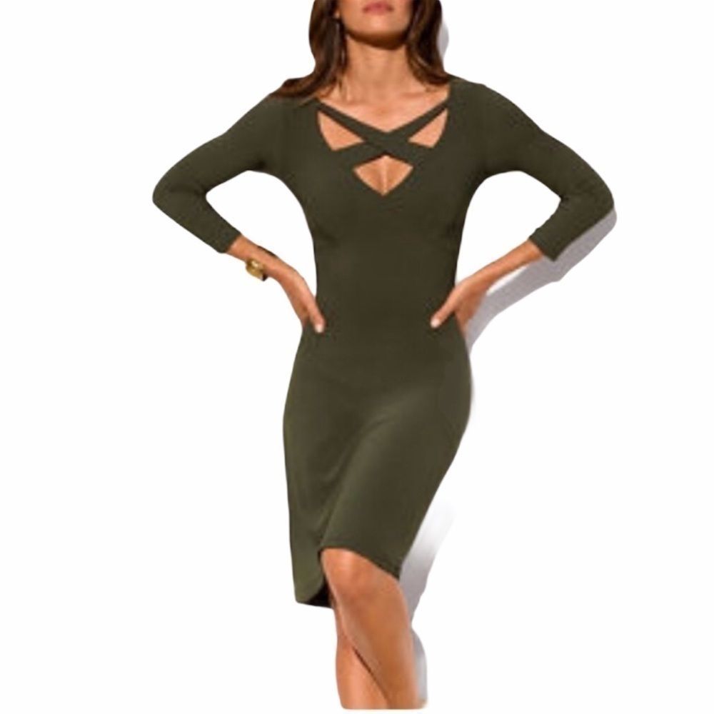 BOSTON PROPER Dress Olive Green Criss Cross Bodycon Size S